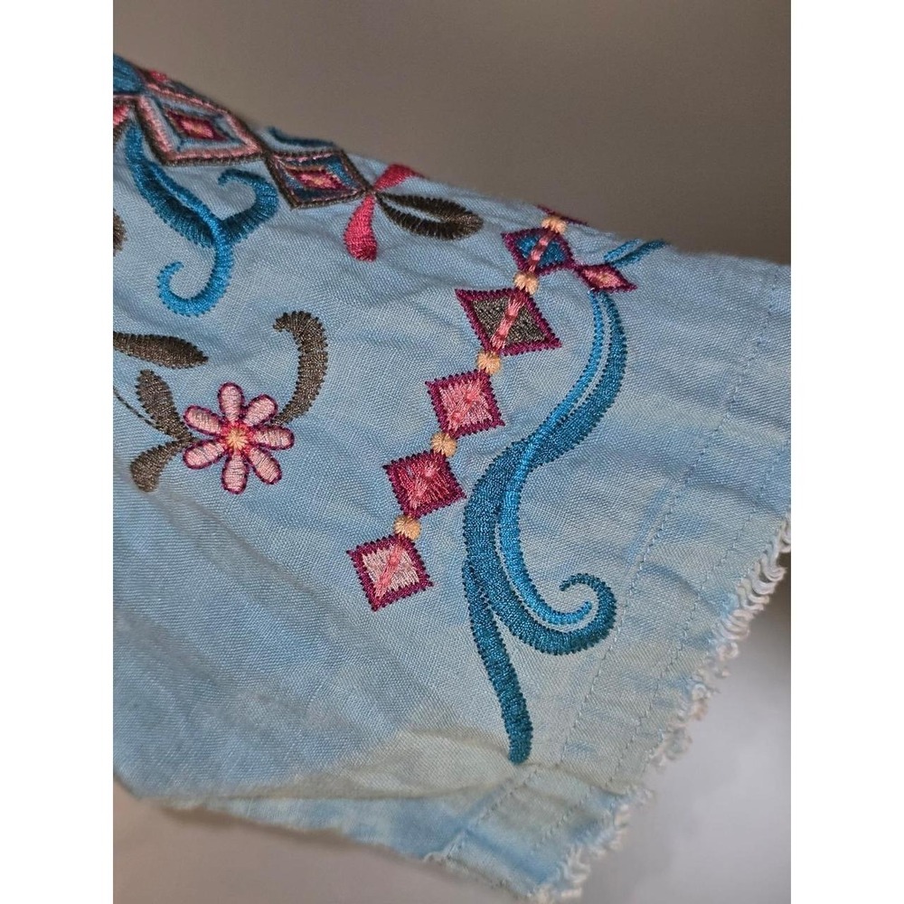 John Mark Womens XL Blue Embroidered 100% Linen Tassel Tie Peasant Blouse Boho - Picture 4 of 8